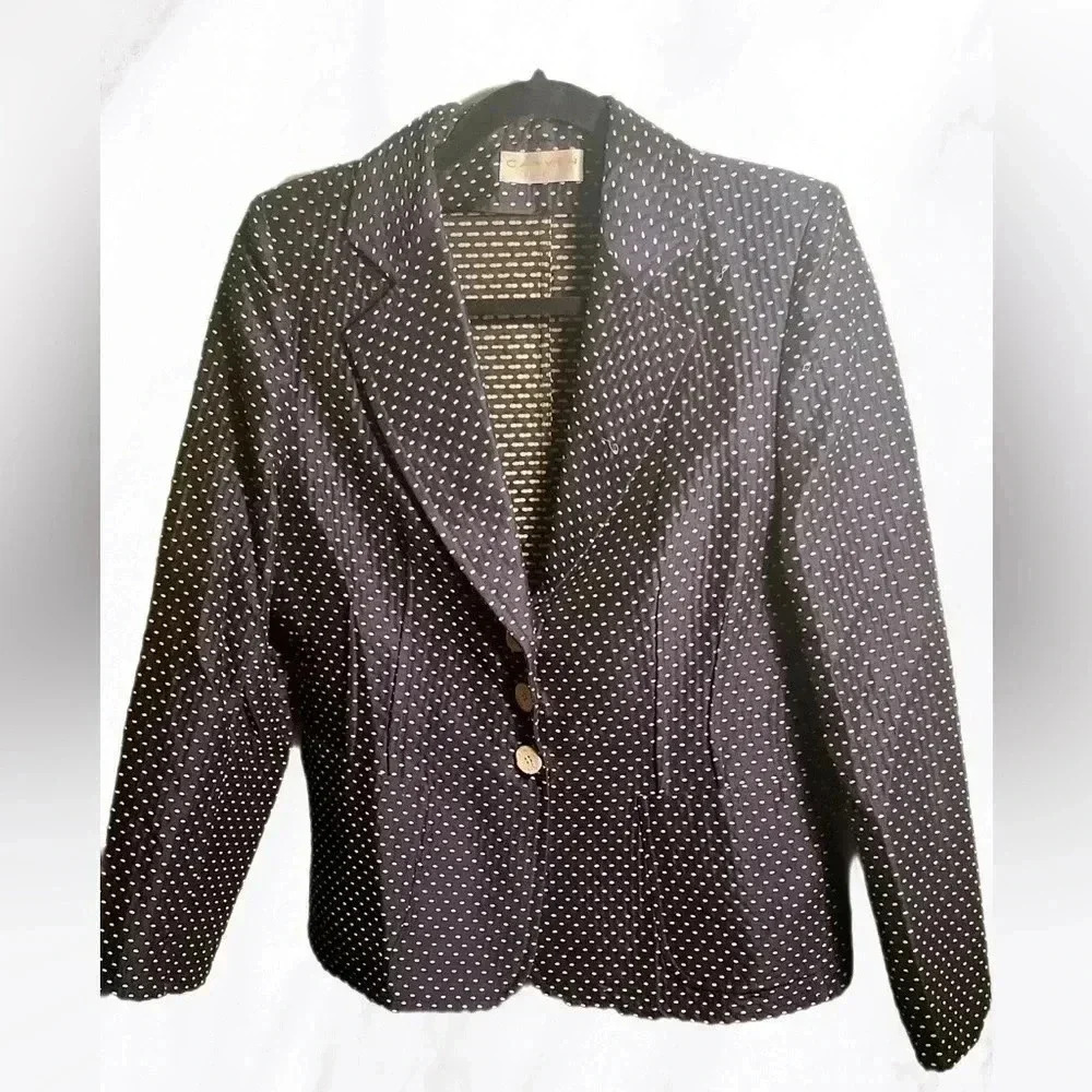 Vintage Carven classic stylish long sleeve polka dot navy 3 button blazer 44
